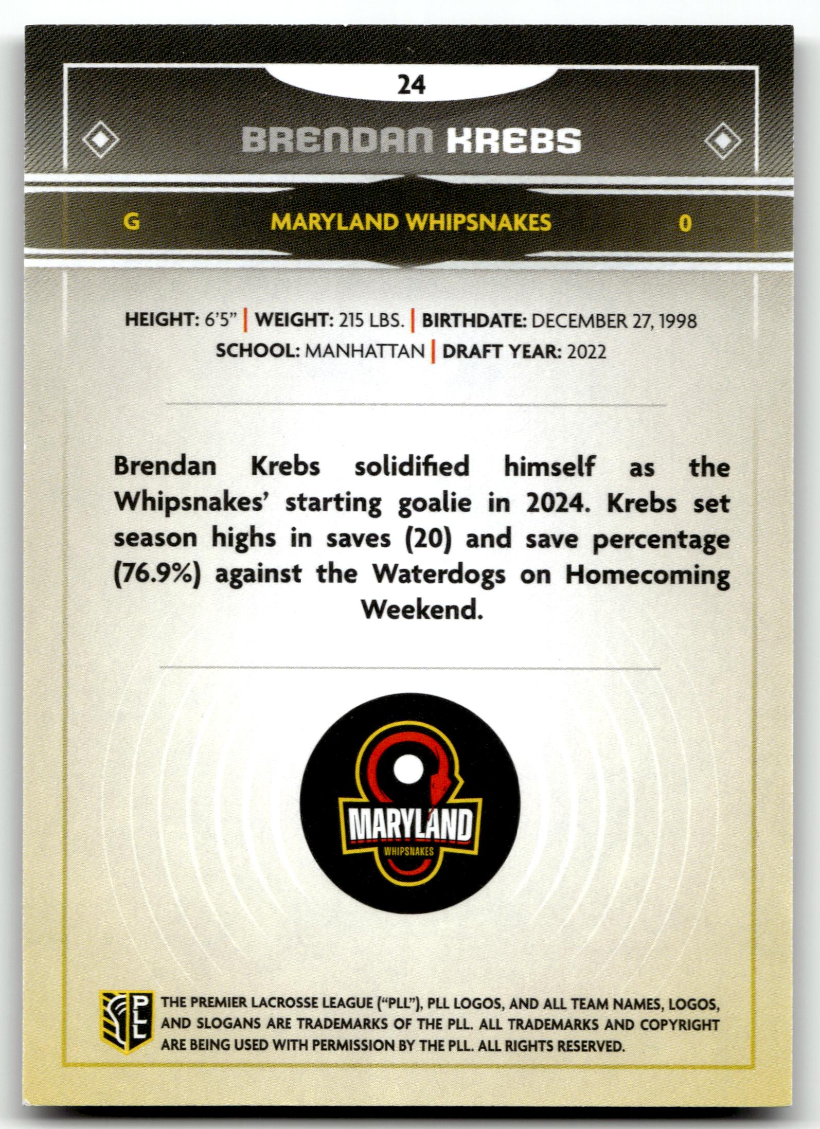 Brendan Krebs 2025 PLL Fieldside Maryland Whipsnakes Cream Of The Cropped #24