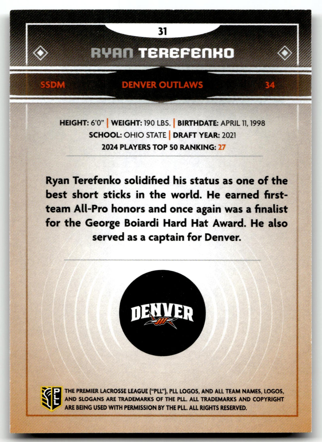 Ryan Terefenko 2025 PLL Fieldside Denver Outlaws Cream Of The Cropped #31