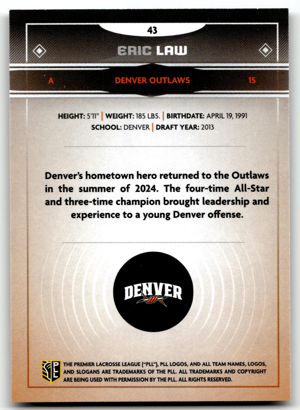 Eric Law 2025 PLL Fieldside Denver Outlaws Cream Of The Cropped #43