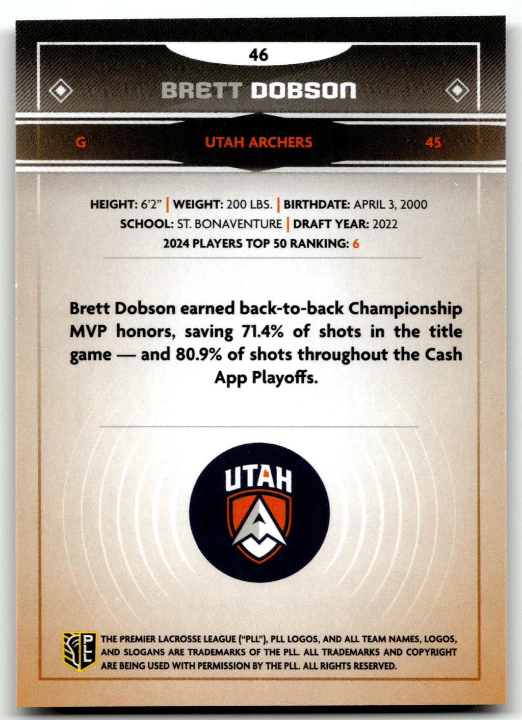 Brett Dobson 2025 PLL Fieldside Utah Archers Cream Of The Cropped #46