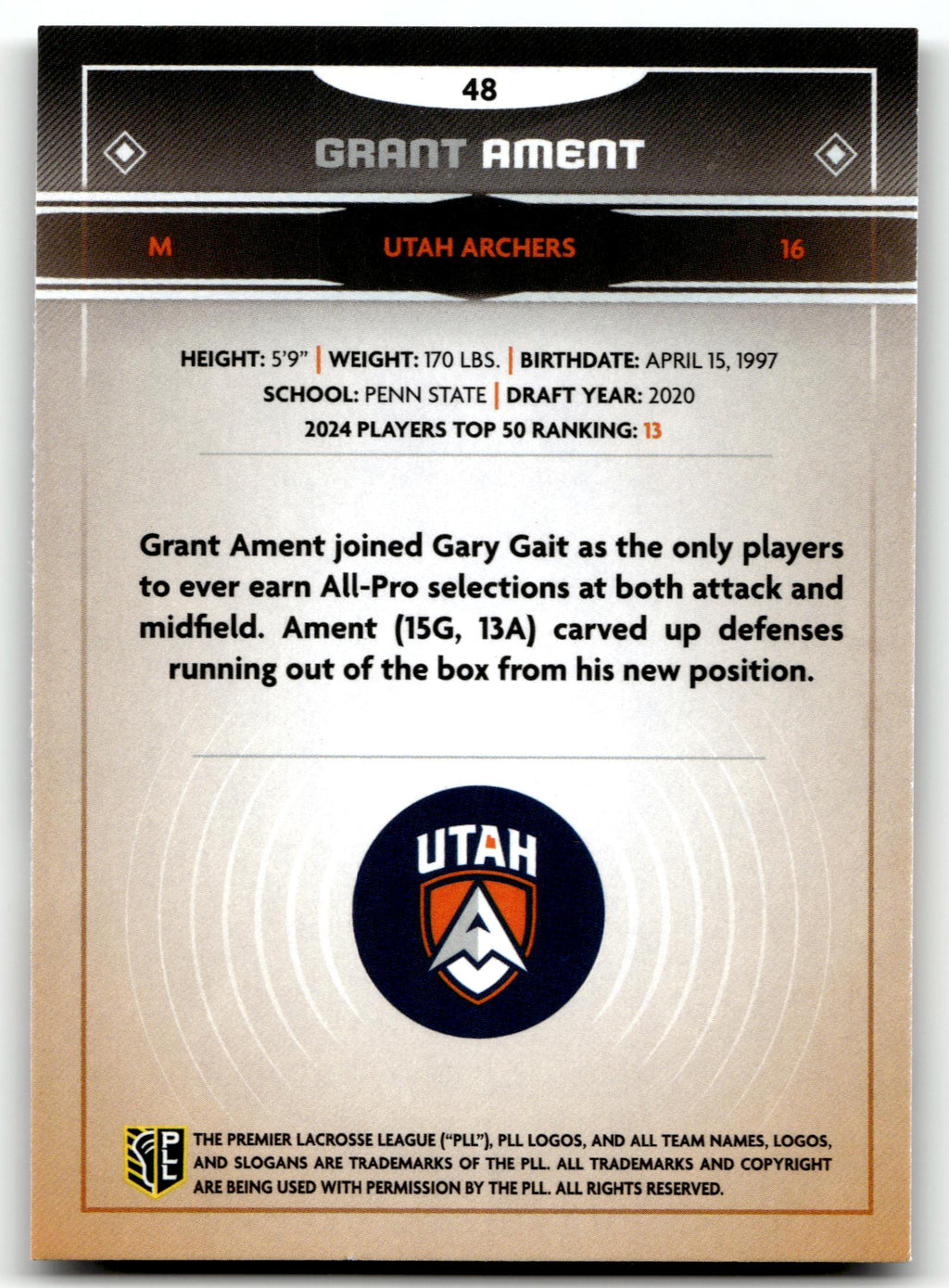 Grant Ament 2025 PLL Fieldside Utah Archers Cream Of The Cropped #48