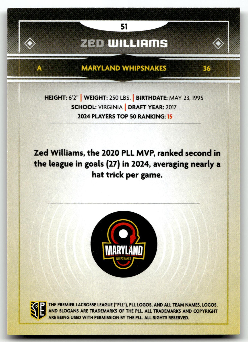 Zed Williams 2025 PLL Fieldside Maryland Whipsnakes Cream Of The Cropped #51