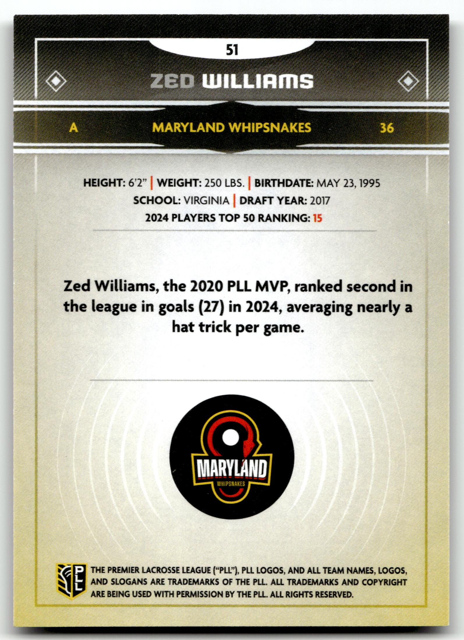 Zed Williams 2025 PLL Fieldside Maryland Whipsnakes Cream Of The Cropped #51