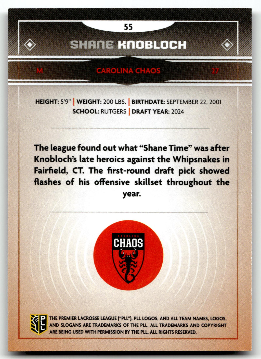 Shane Knobloch 2025 PLL Fieldside Carolina Chaos Cream Of The Cropped #55