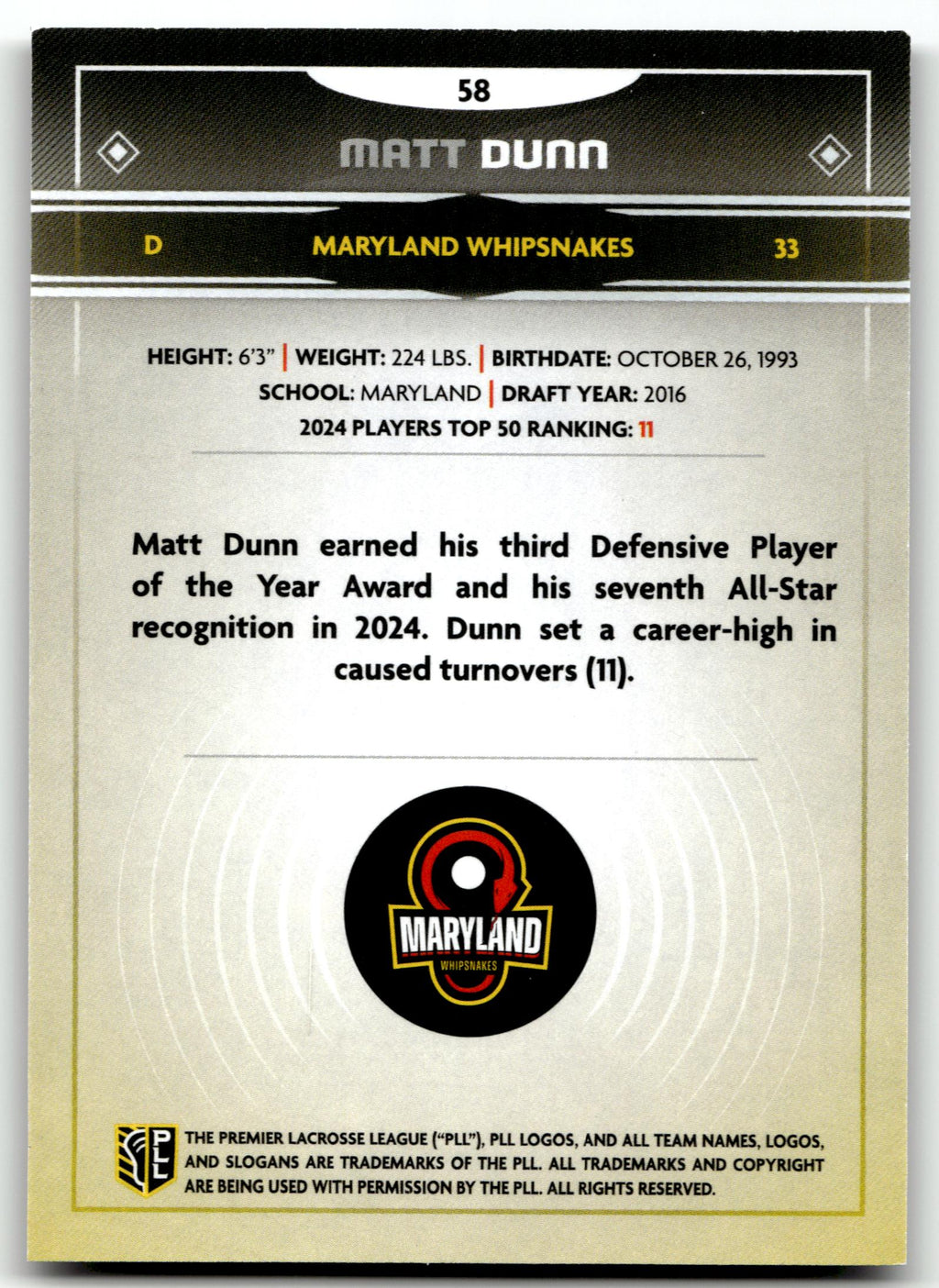 Matt Dunn 2025 PLL Fieldside Maryland Whipsnakes Cream Of The Cropped #58