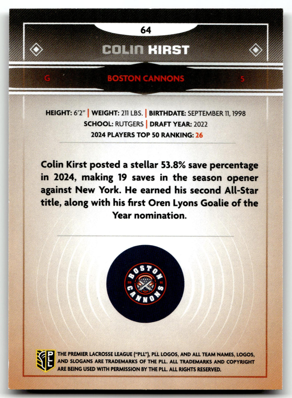 Colin Kirst 2025 PLL Fieldside Boston Cannons Cream Of The Cropped #64