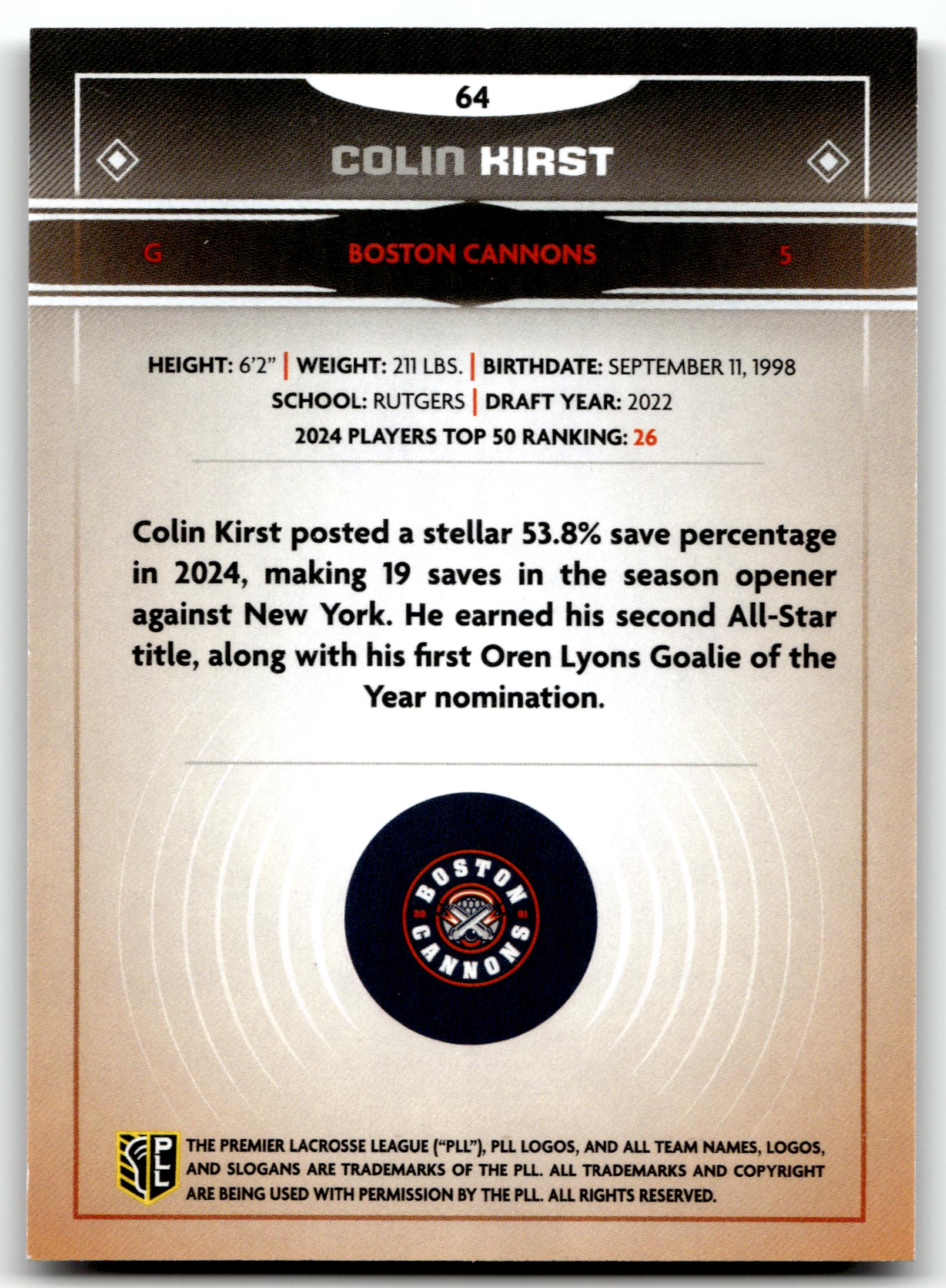 Colin Kirst 2025 PLL Fieldside Boston Cannons Cream Of The Cropped #64
