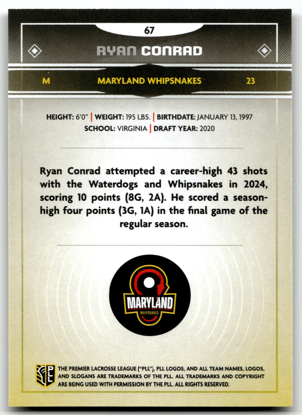 Ryan Conrad 2025 PLL Fieldside Maryland Whipsnakes Cream Of The Cropped #67