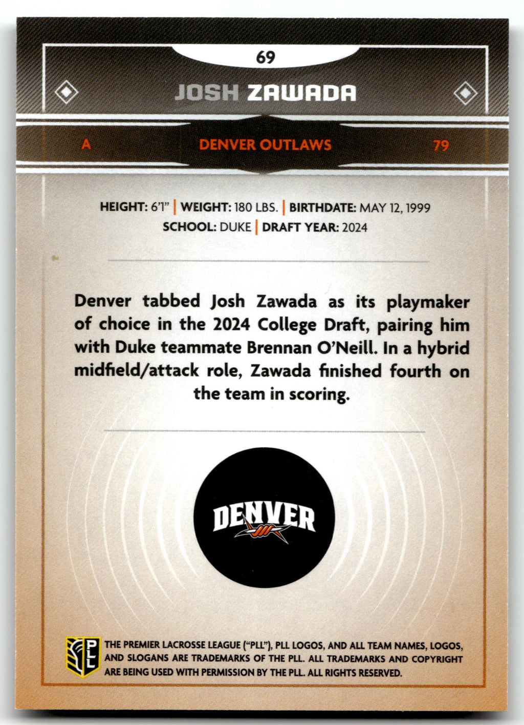 Josh Zawada 2025 PLL Fieldside Denver Outlaws Cream Of The Cropped #69