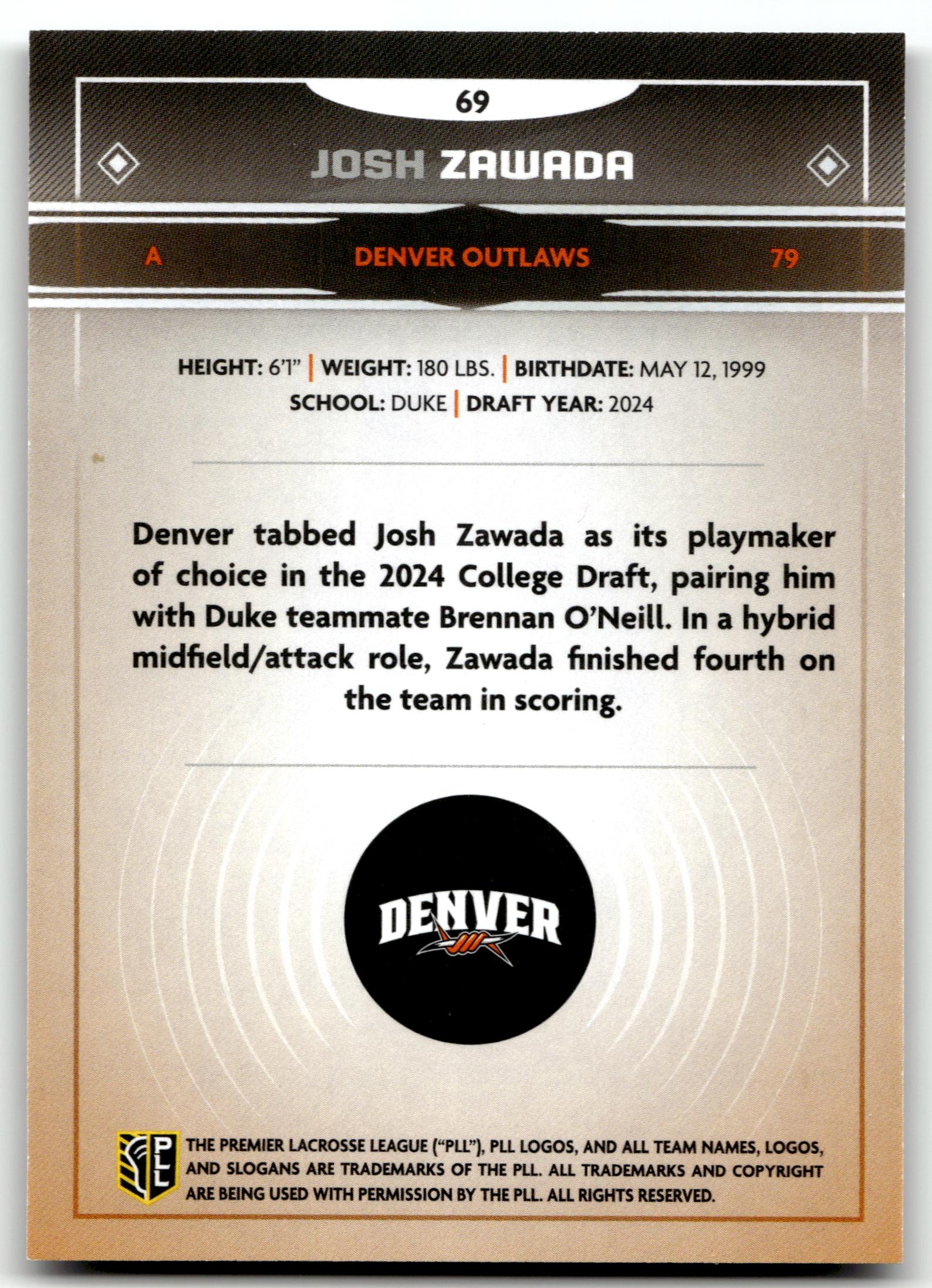 Josh Zawada 2025 PLL Fieldside Denver Outlaws Cream Of The Cropped #69