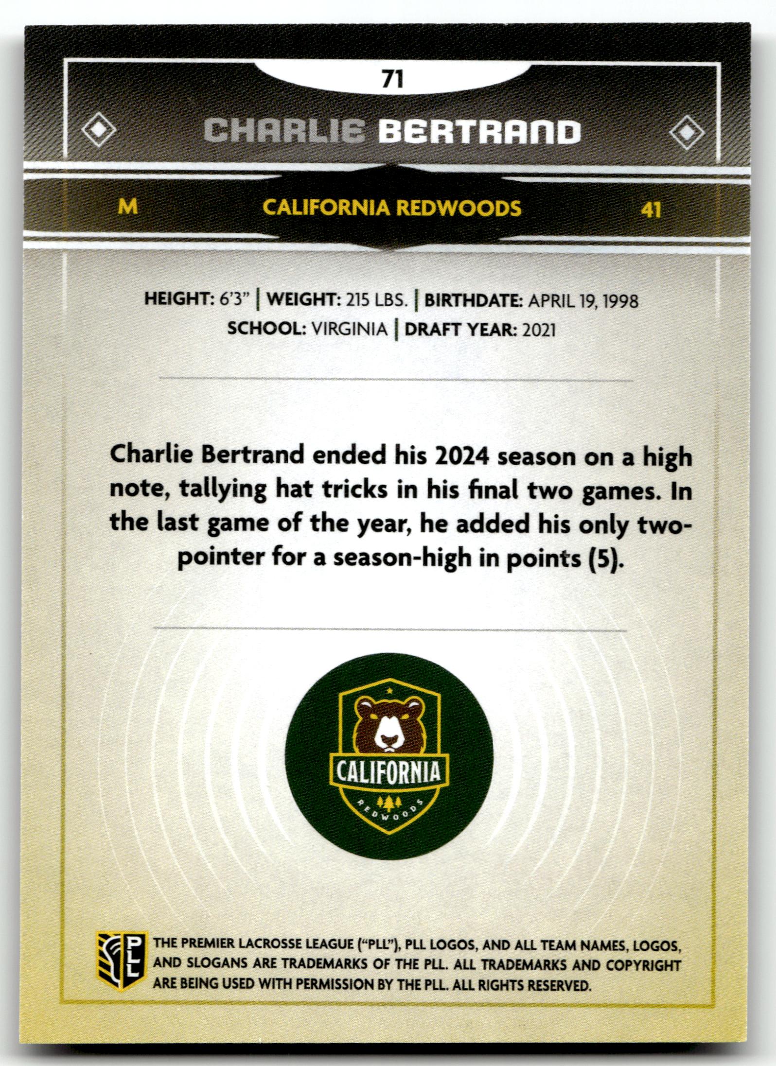 Charlie Bertrand 2025 PLL Fieldside California Redwoods Cream Of The Cropped #71