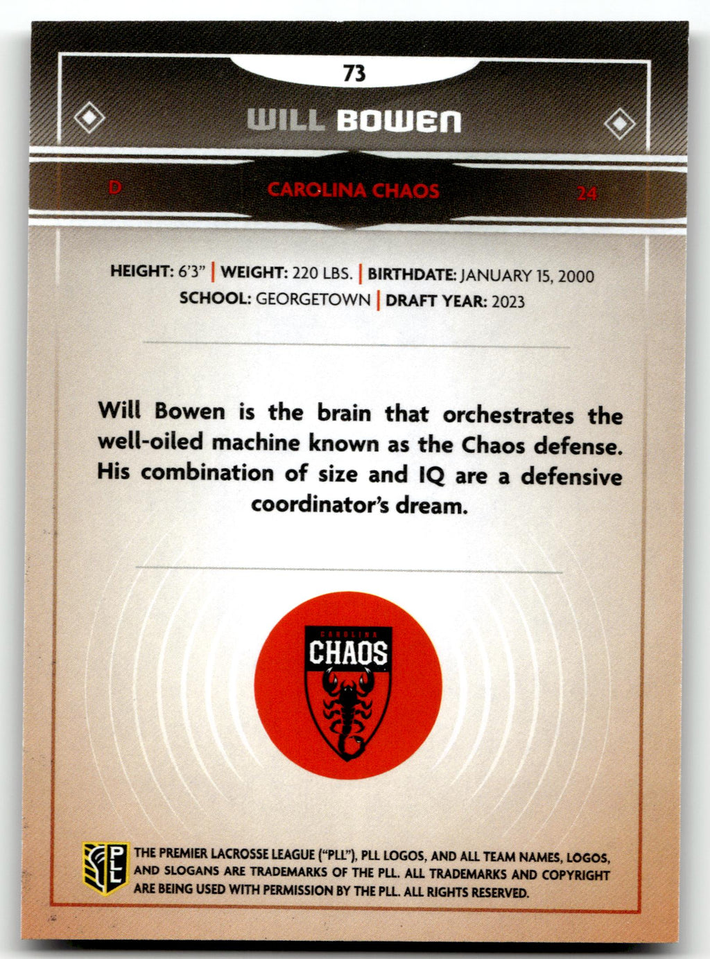 Will Bowen 2025 PLL Fieldside Carolina Chaos Cream Of The Cropped #73