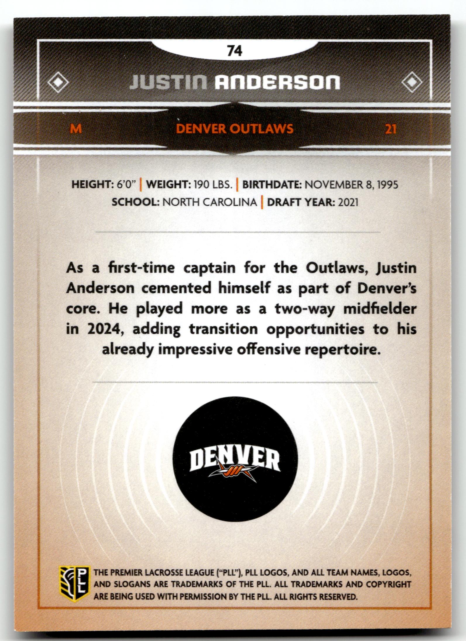 Justin Anderson 2025 PLL Fieldside Denver Outlaws Cream Of The Cropped #74