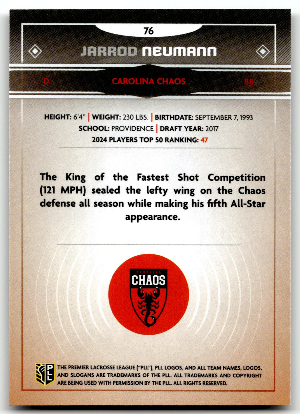 Jarrod Neumann 2025 PLL Fieldside Carolina Chaos Cream Of The Cropped #76