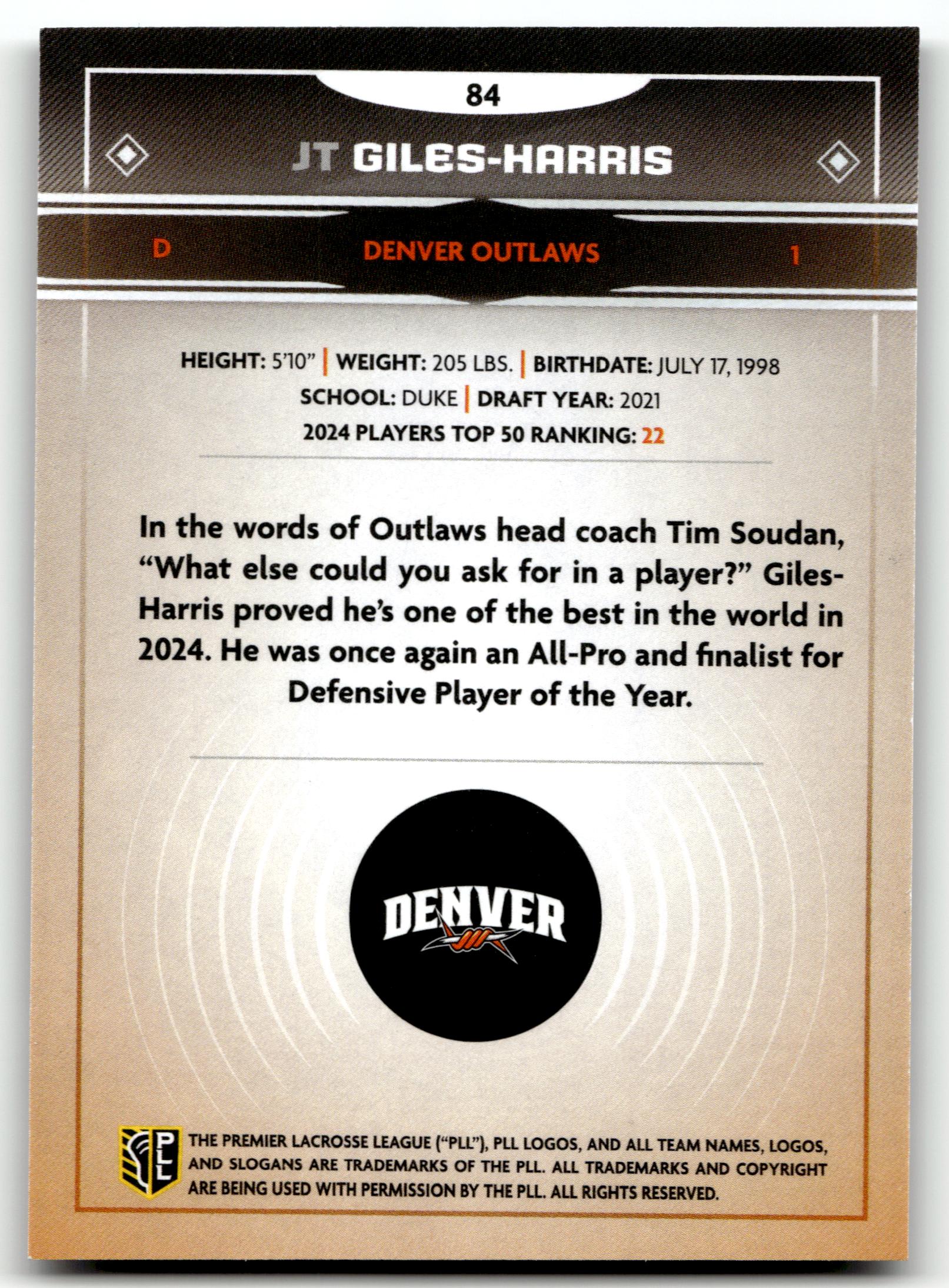JT Giles-Harris 2025 PLL Fieldside Denver Outlaws Cream Of The Cropped #84