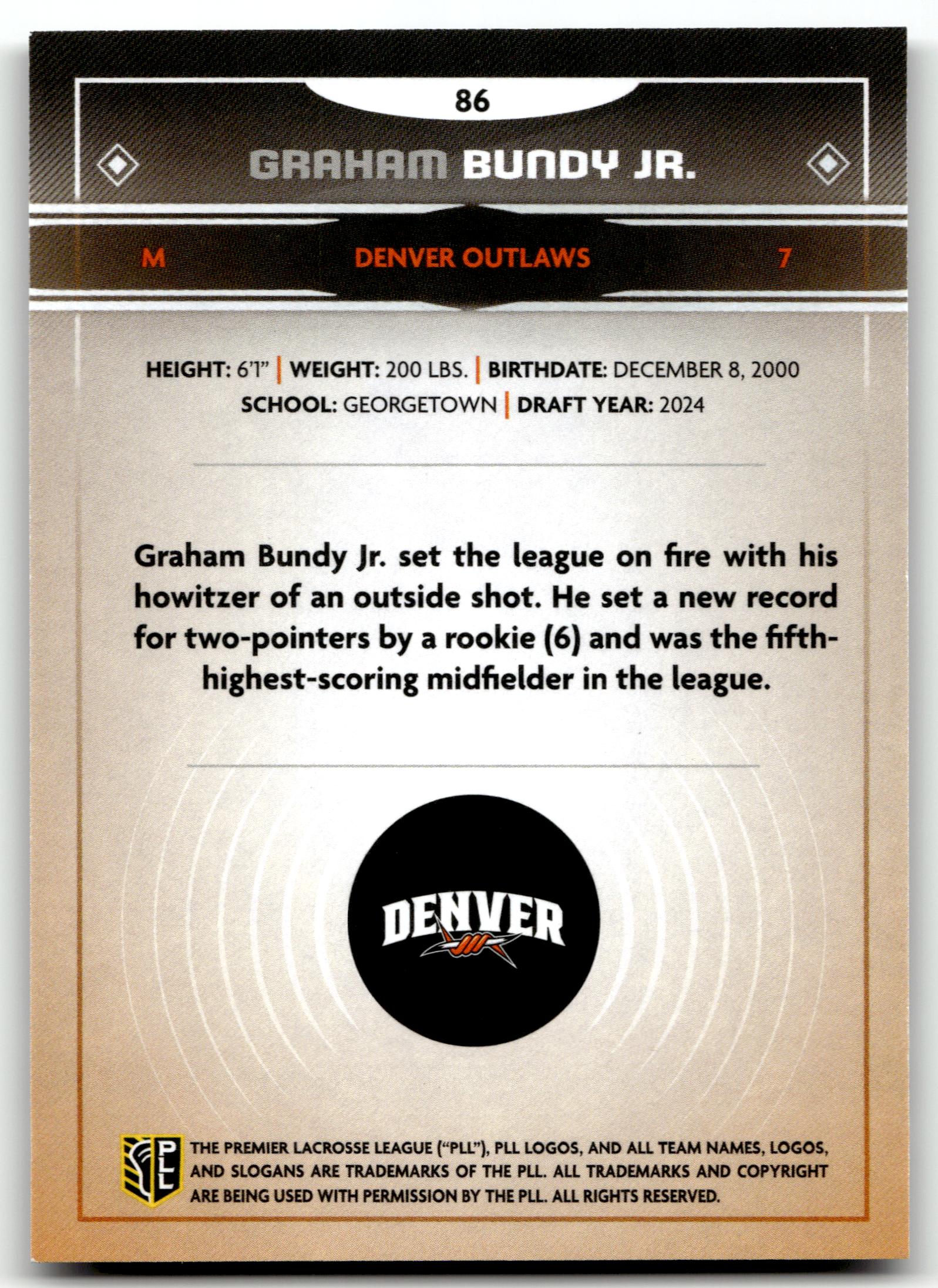 Graham Bundy Jr. 2025 PLL Fieldside Denver Outlaws Cream Of The Cropped #86