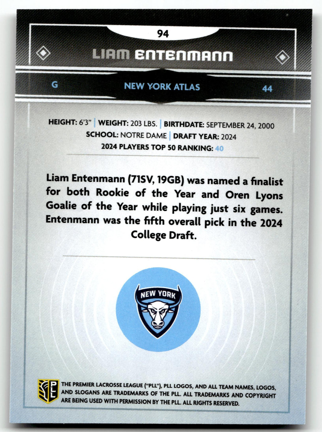 Liam Entenmann 2025 PLL Fieldside New York Atlas Cream Of The Cropped #94