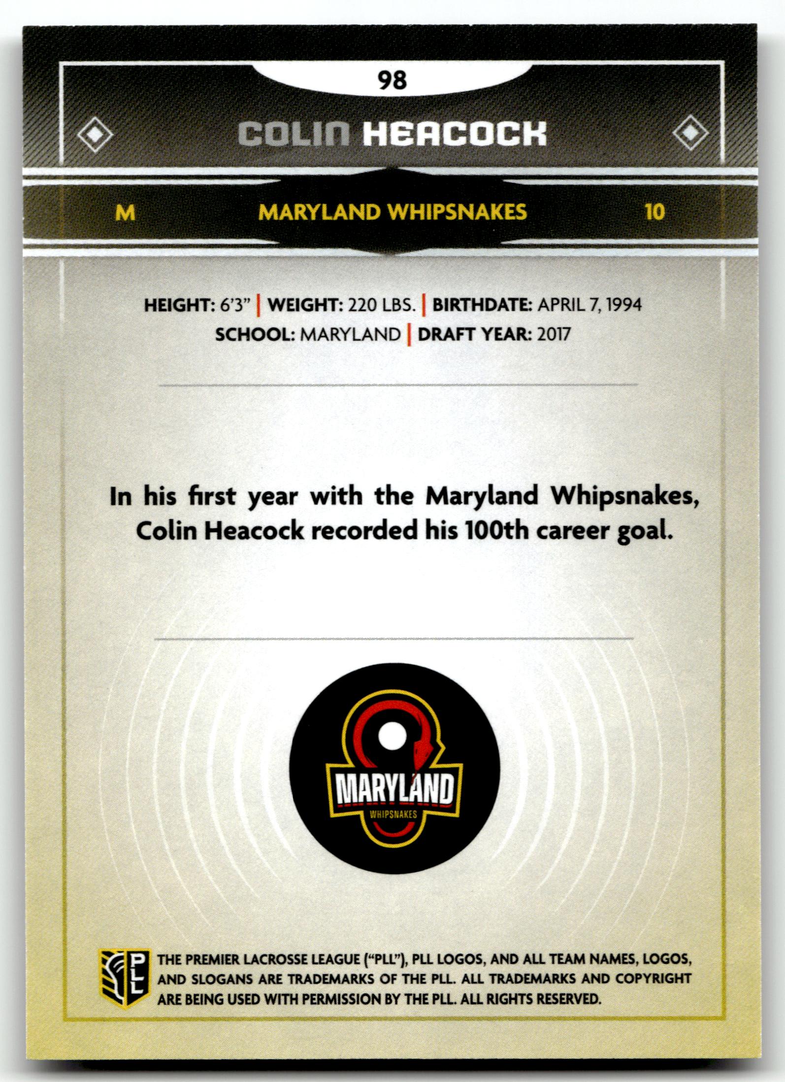 Colin Heacock 2025 PLL Fieldside Maryland Whipsnakes Cream Of The Cropped #98