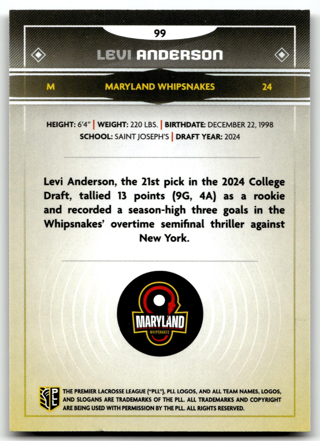 Levi Anderson 2025 PLL Fieldside Maryland Whipsnakes Cream Of The Cropped #99