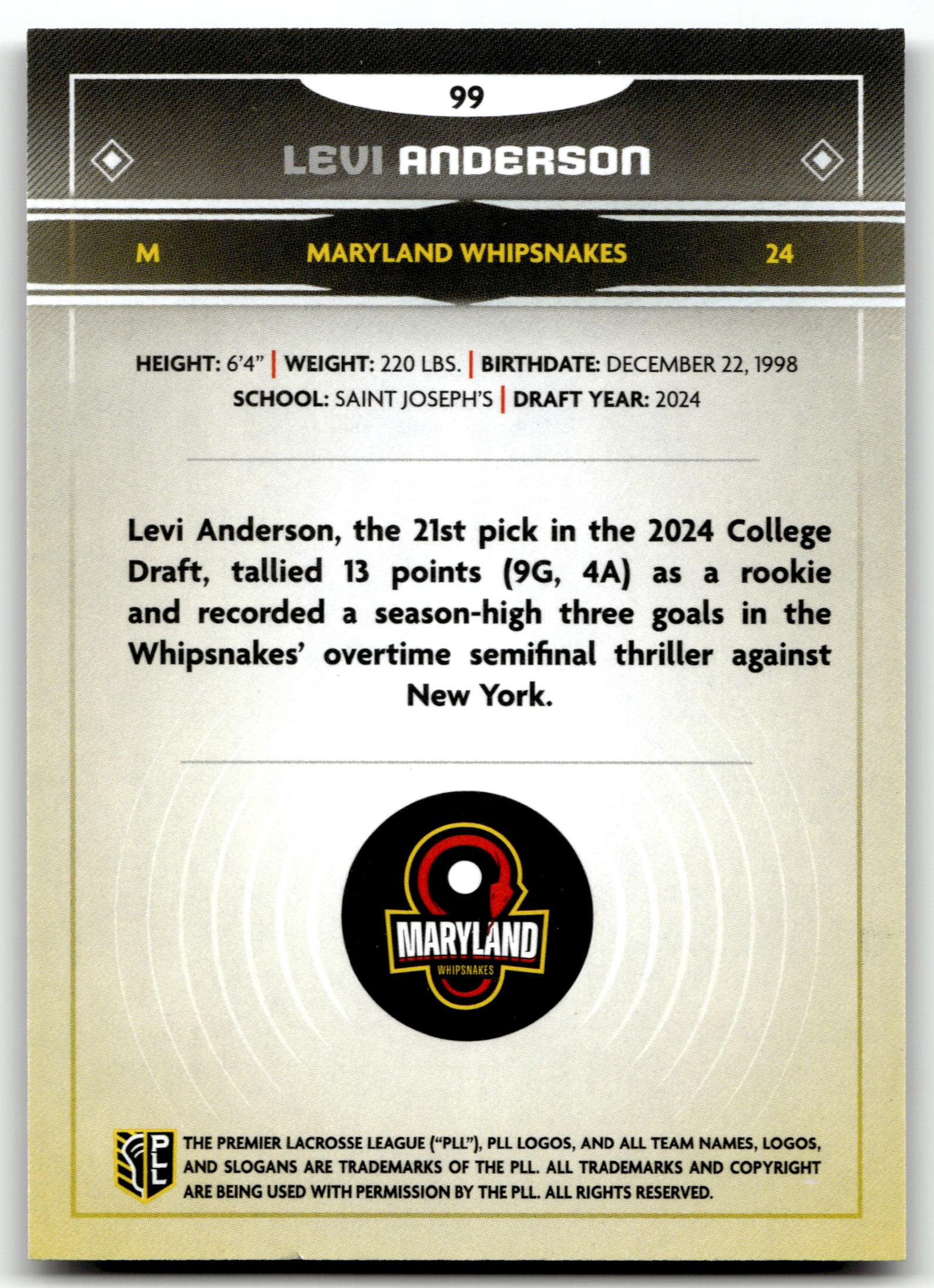 Levi Anderson 2025 PLL Fieldside Maryland Whipsnakes Cream Of The Cropped #99