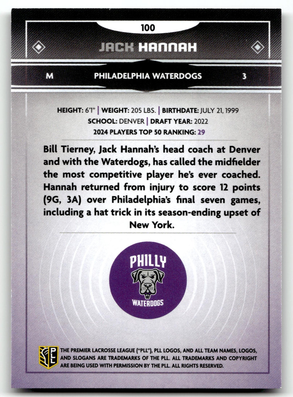 Jack Hannah 2025 PLL Fieldside Philadelphia Waterdogs Cream Of The Cropped #100