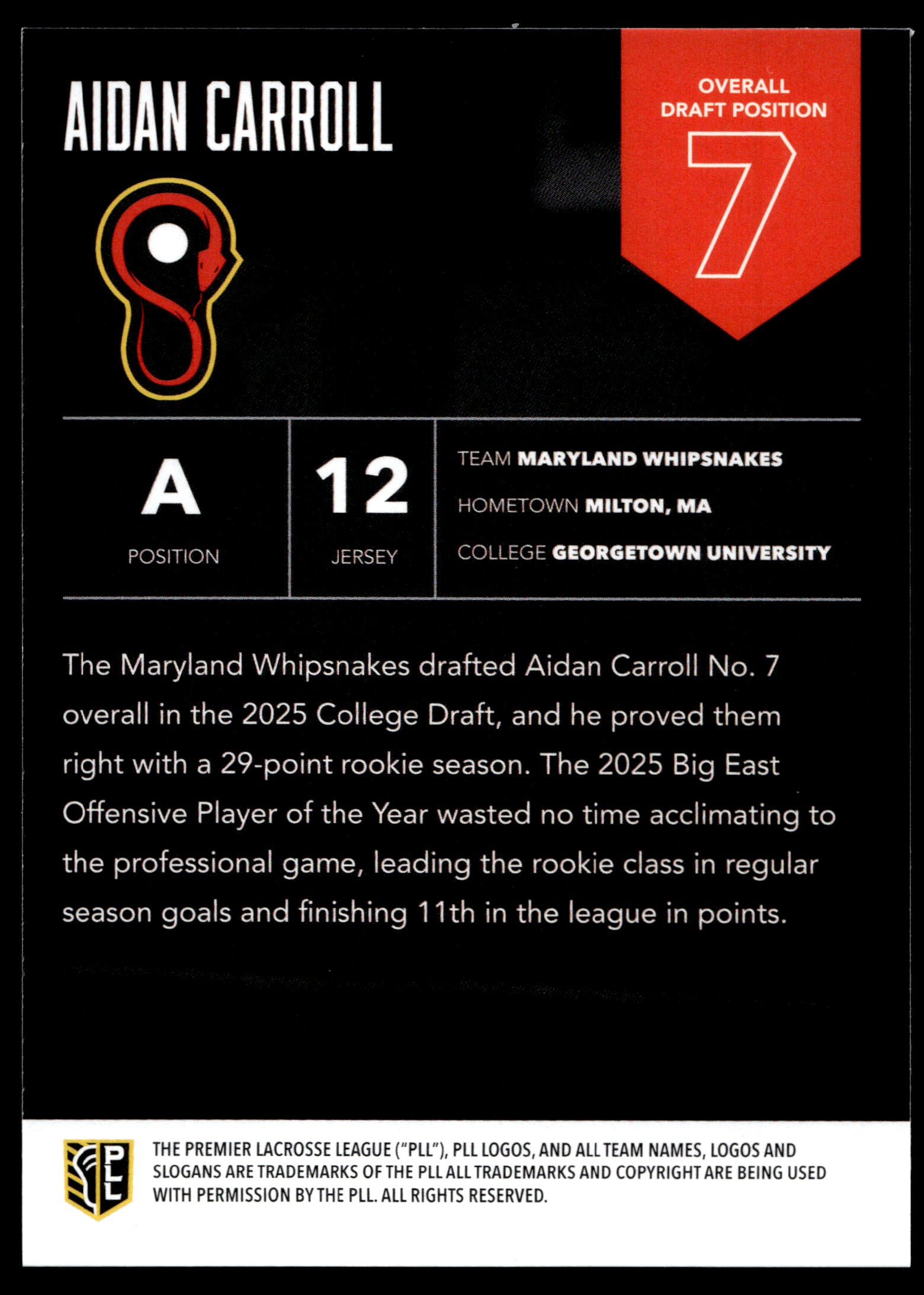 Aidan Carroll 2025 PLL Flagship Maryland Whipsnakes Highly Anticipated #7