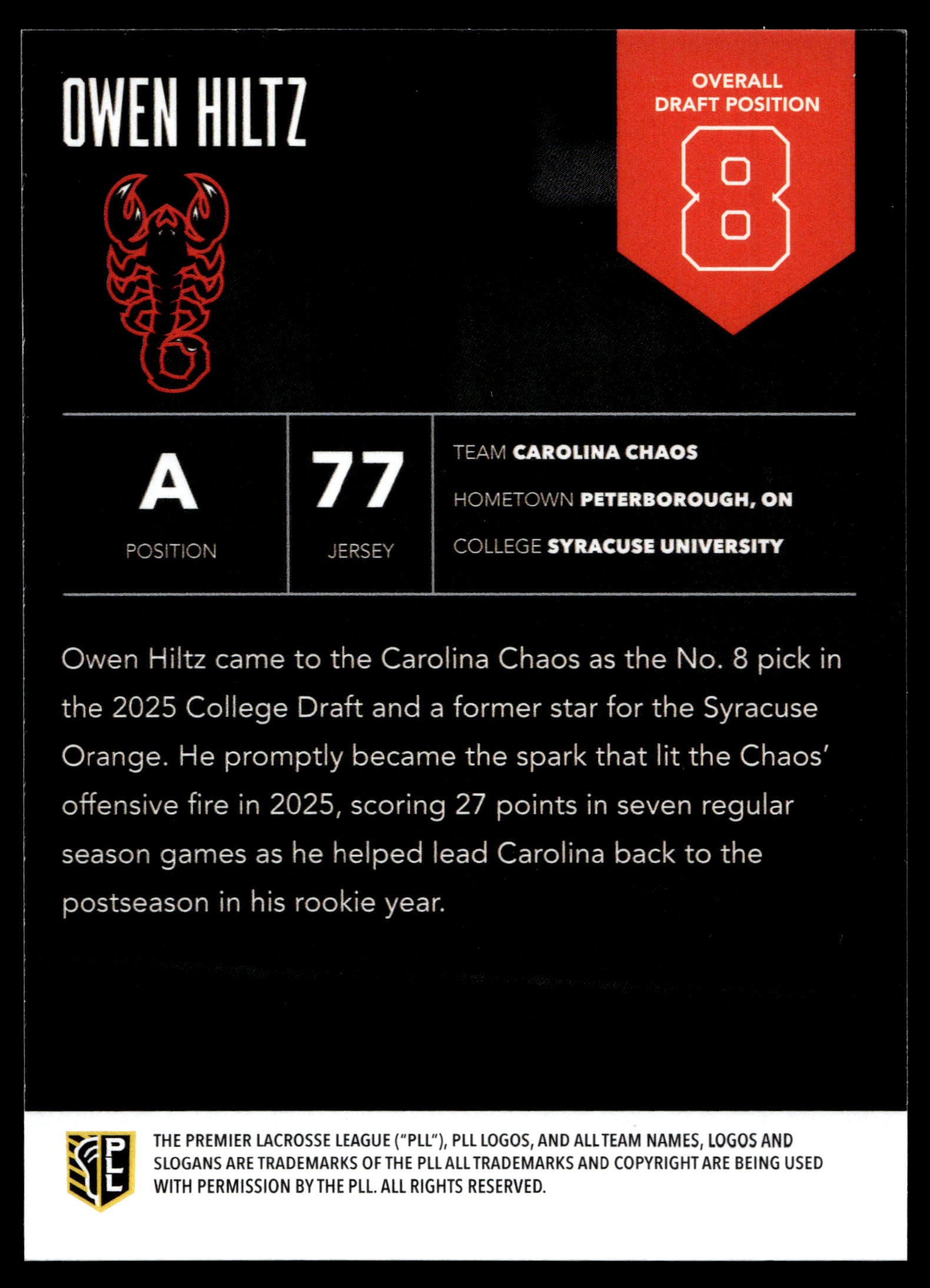 Owen Hiltz 2025 PLL Flagship Carolina Chaos Highly Anticipated #8
