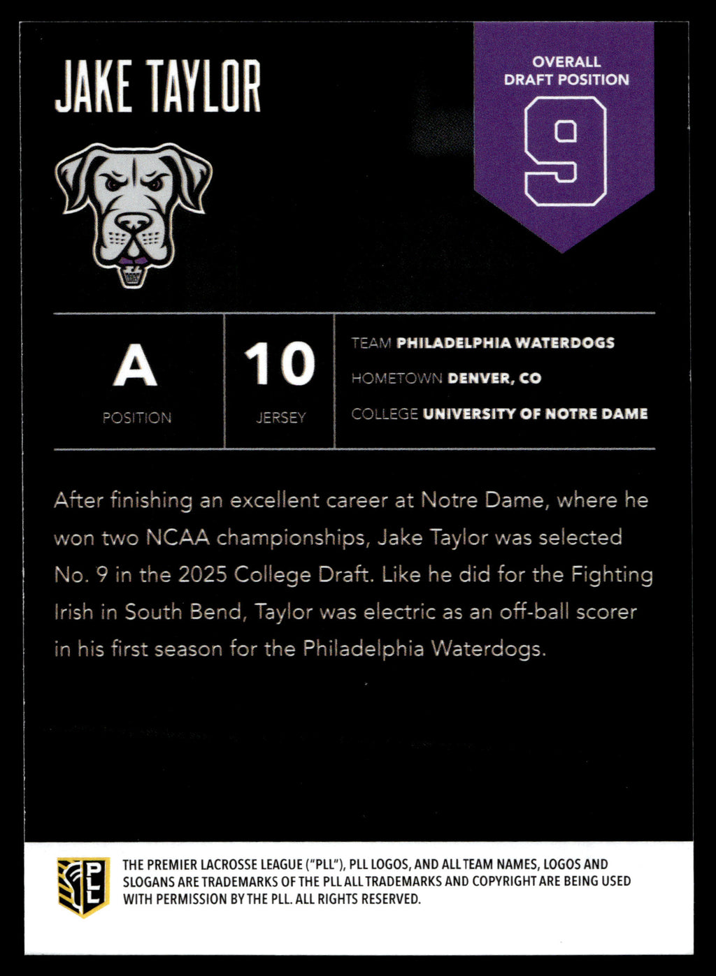 Jake Taylor 2025 PLL Flagship Philadelphia Waterdogs Highly Anticipated #9