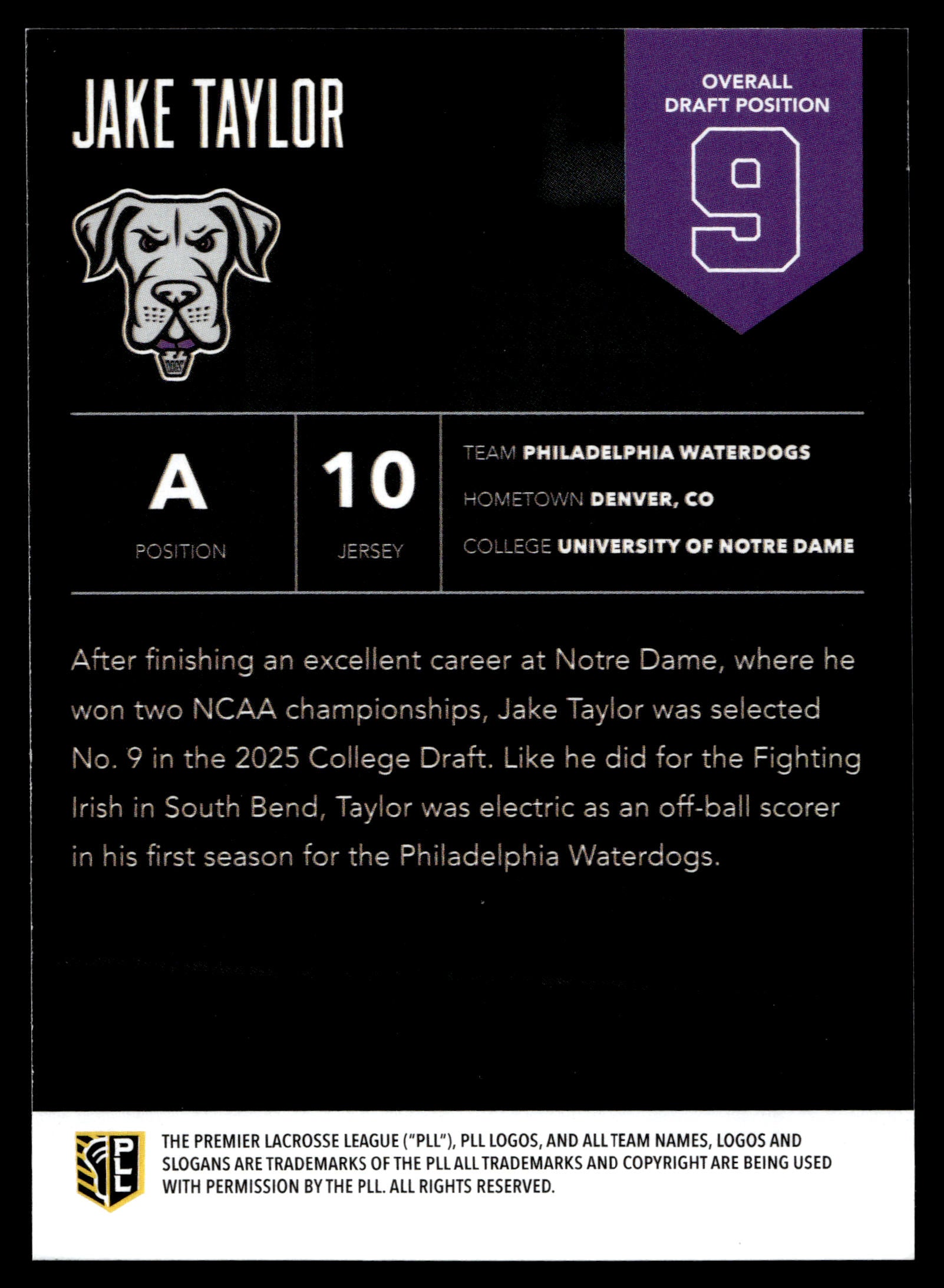 Jake Taylor 2025 PLL Flagship Philadelphia Waterdogs Highly Anticipated #9