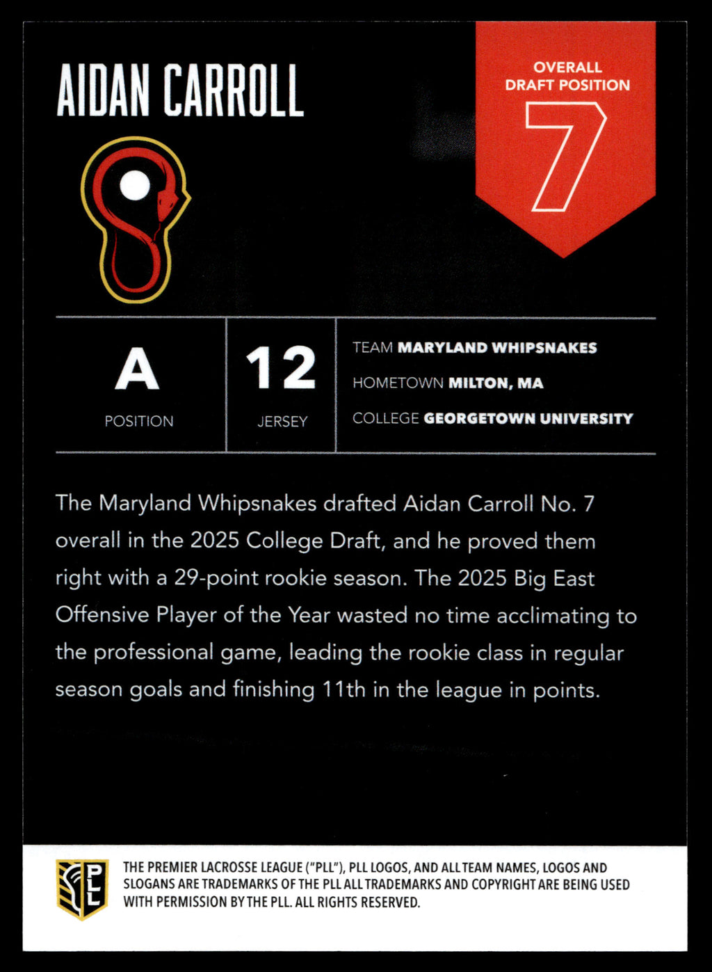 Aidan Carroll 2025 PLL Flagship Maryland Whipsnakes Highly Anticipated 29/50 #7