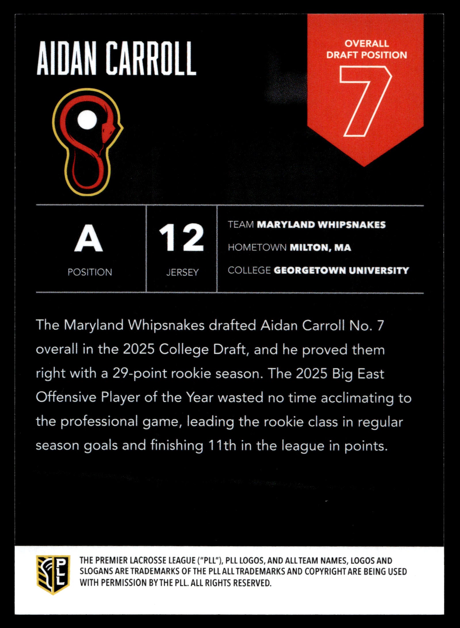 Aidan Carroll 2025 PLL Flagship Maryland Whipsnakes Highly Anticipated 29/50 #7