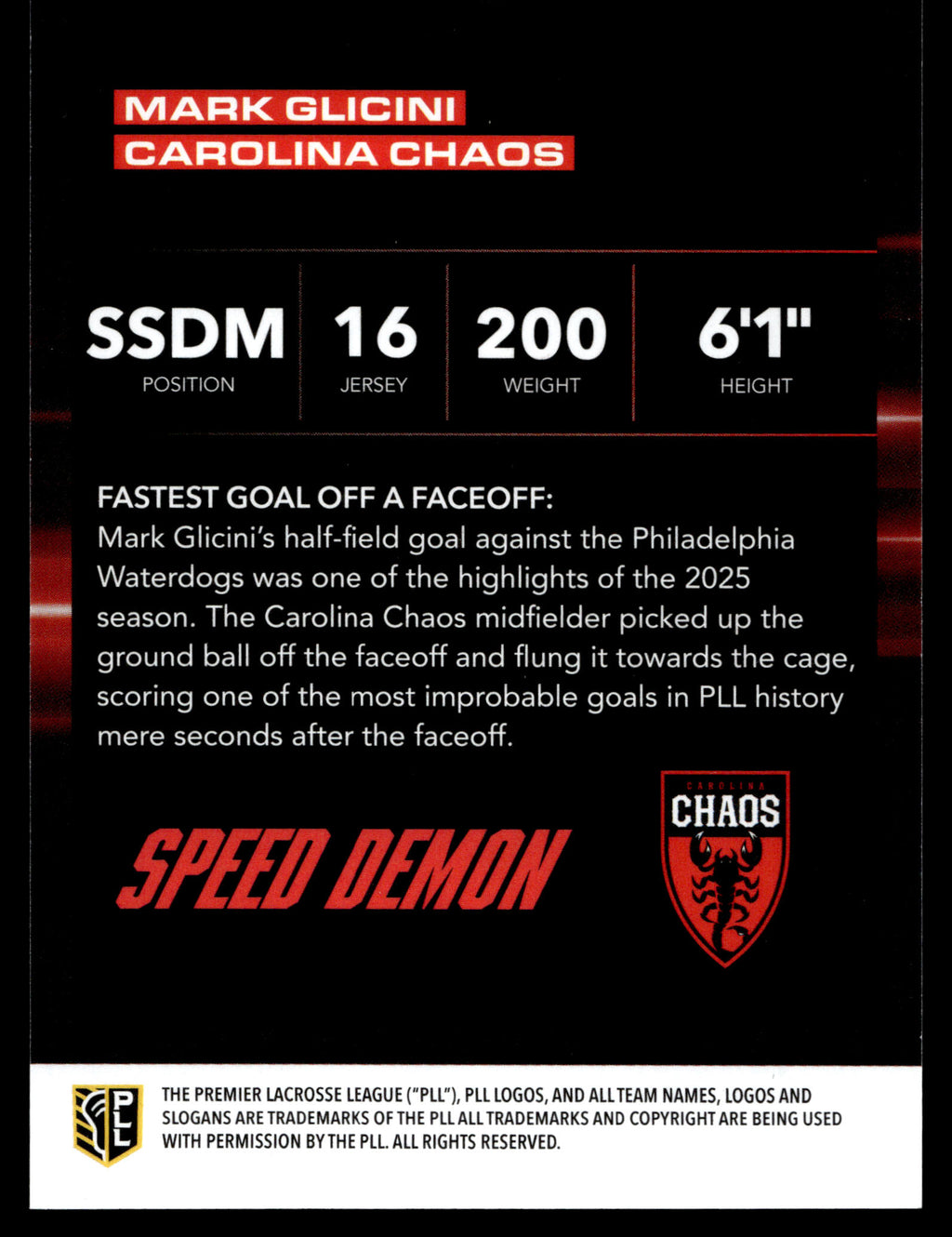 Mark Glicini 2025 PLL Flagship Carolina Chaos Speed Demons 26/50
