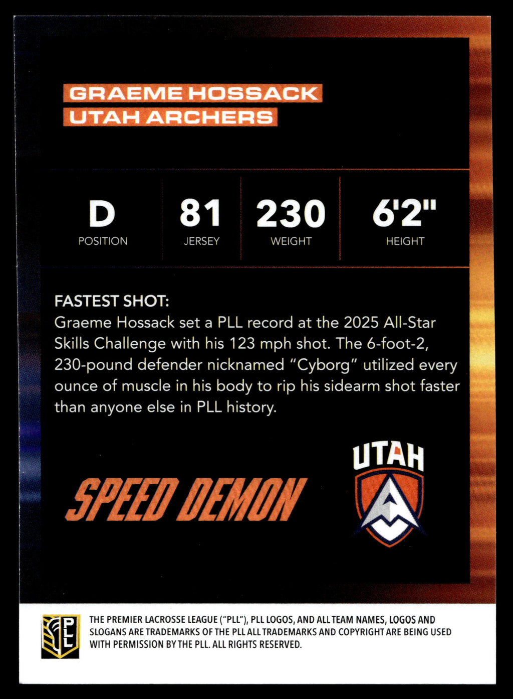 Graeme Hossack 2025 PLL Flagship Utah Archers Speed Demons