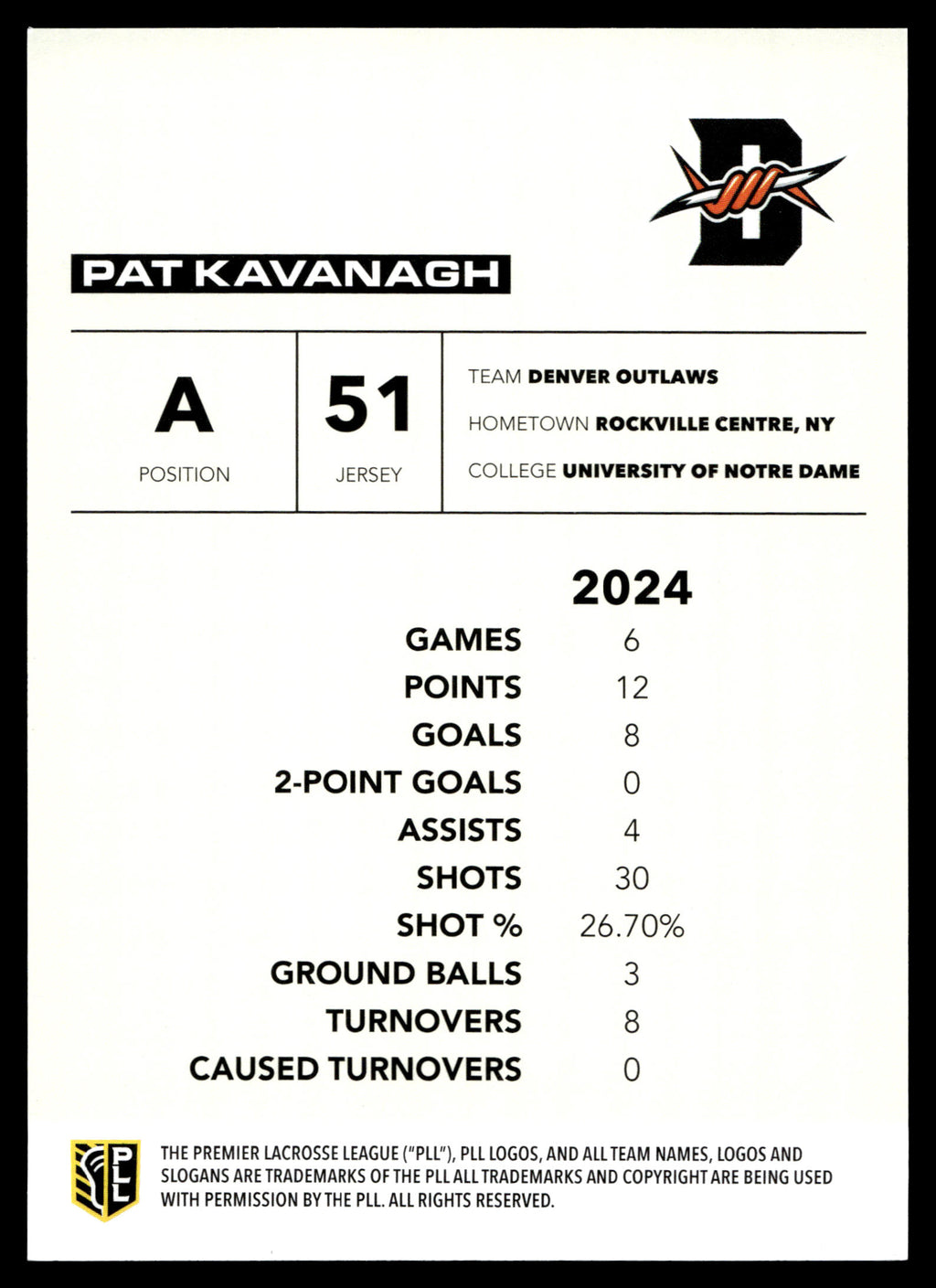 Pat Kavanagh 2025 PLL Flagship Denver Outlaws Yellow Parallel 49/50 #75