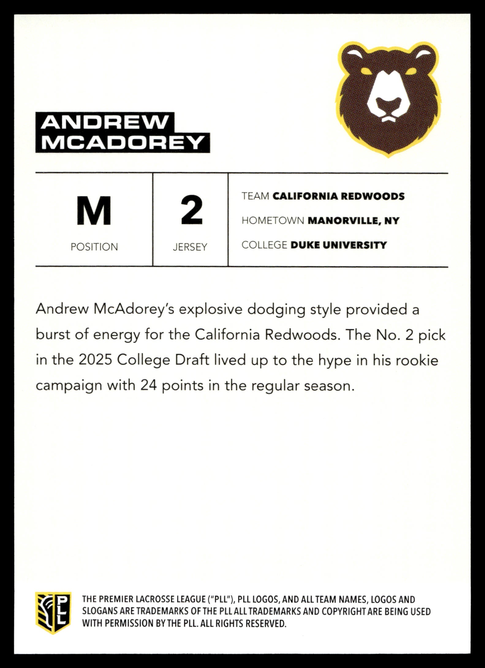Andrew Mcadorey 2025 PLL Flagship California Redwoods Yellow Parallel 46/50 #34