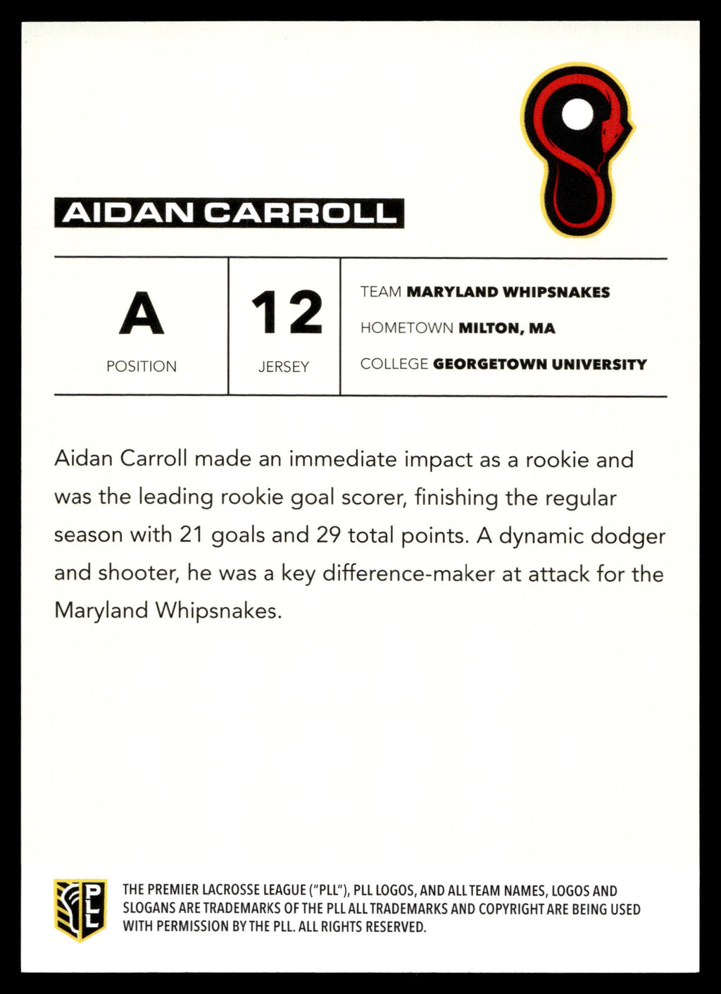 Aidan Carroll 2025 PLL Flagship Maryland Whipsnakes Blue Parallel 18/99 #145