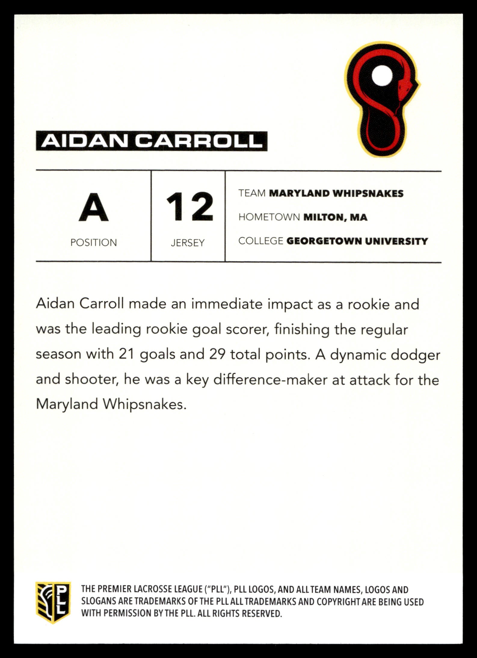 Aidan Carroll 2025 PLL Flagship Maryland Whipsnakes Blue Parallel 18/99 #145