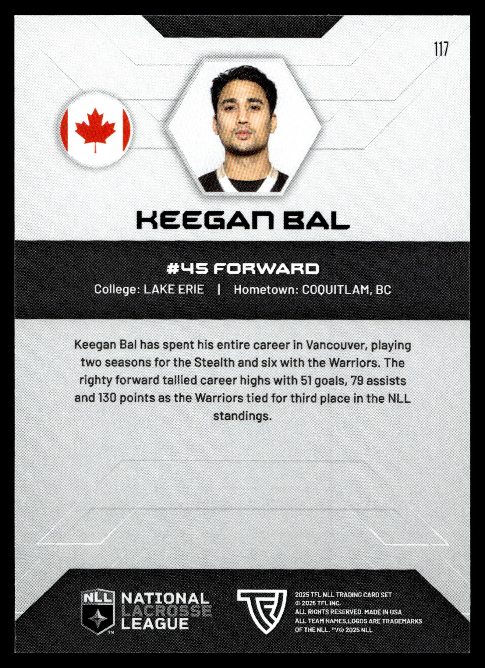 Keegan Bal 2025 TFL Sports NLL Vancouver Warriors Home Floor 72/75 #117