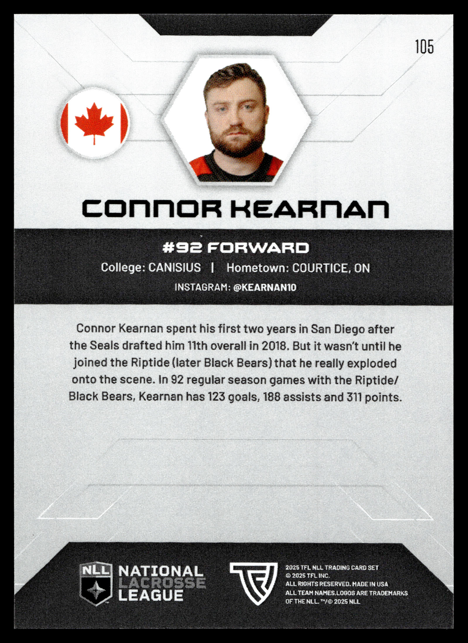 Connor Kearnan 2025 TFL Sports NLL Ottawa Black Bears Home Floor 47/75 #105
