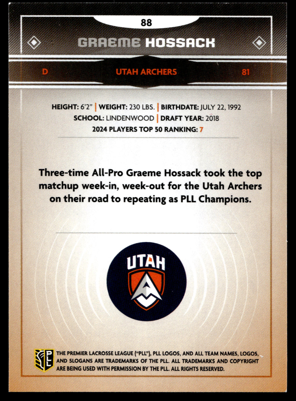 Graeme Hossack 2025 PLL Flagship Utah Archers Green Foil 67/99 #88