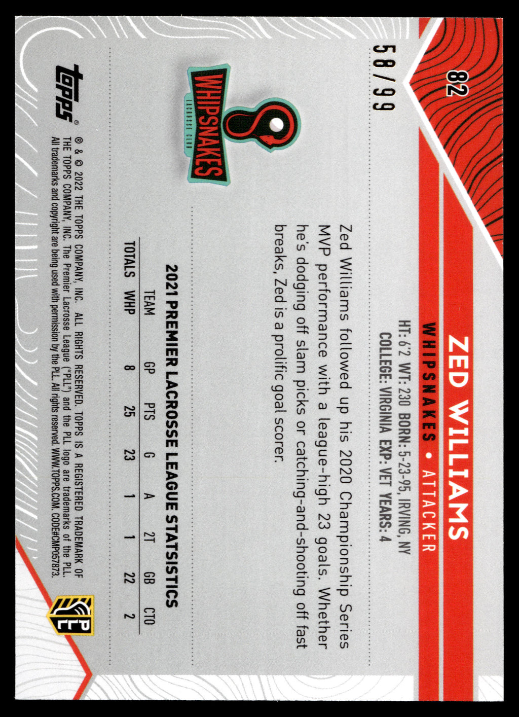 Zed Williams 2022 Topps PLL Maryland Whipsnakes Blue 58/99 #82
