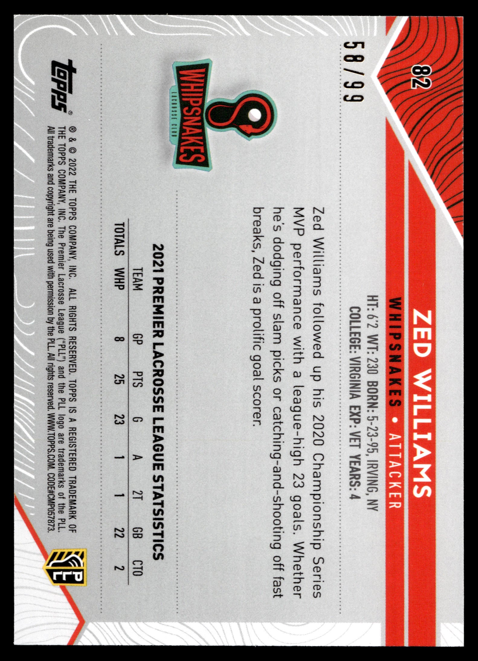 Zed Williams 2022 Topps PLL Maryland Whipsnakes Blue 58/99 #82