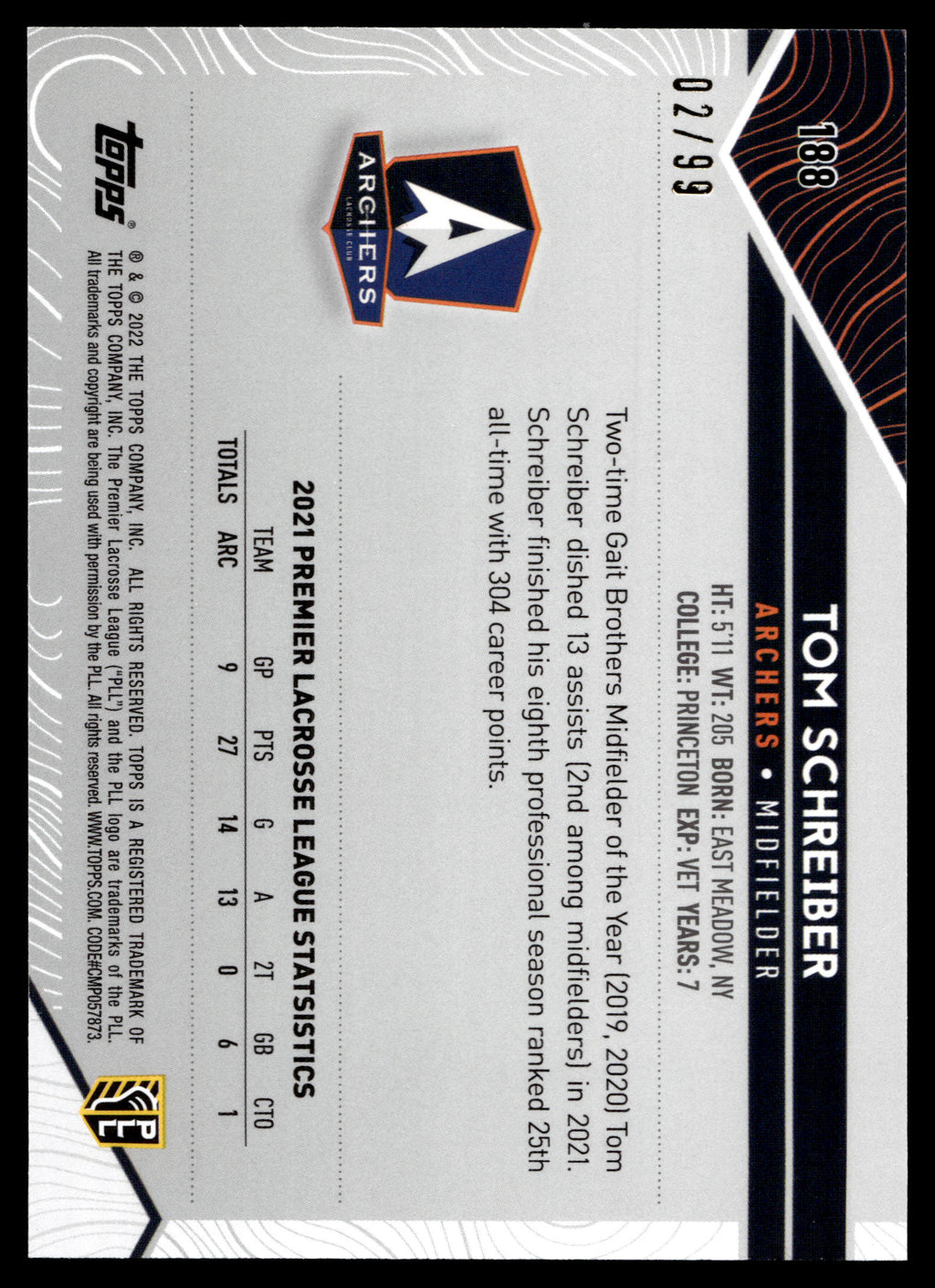 Tom Schreiber 2022 Topps PLL Utah Archers Blue 02/99 #188