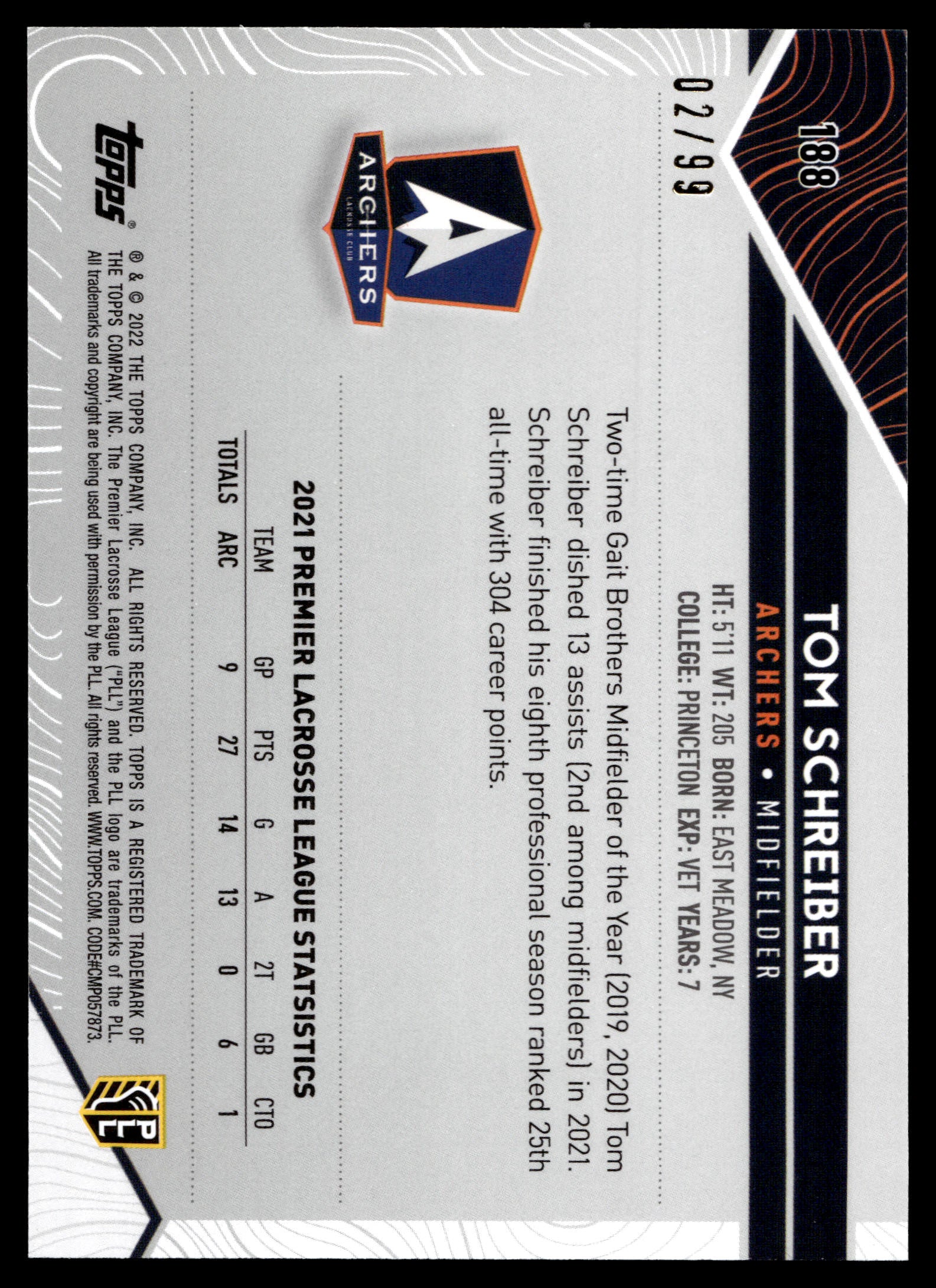 Tom Schreiber 2022 Topps PLL Utah Archers Blue 02/99 #188