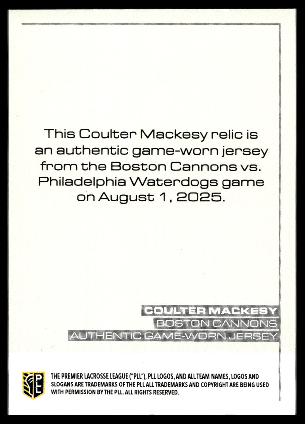 Coulter Mackesy 2025 PLL Flagship Boston Cannons Relic #