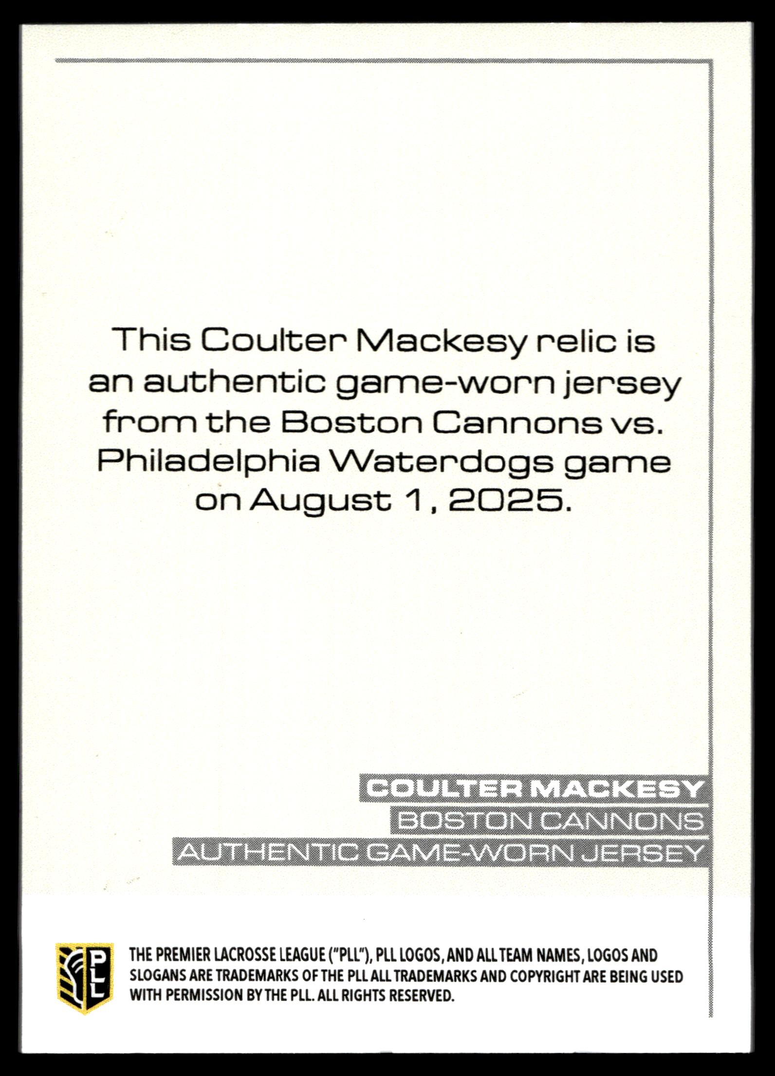 Coulter Mackesy 2025 PLL Flagship Boston Cannons Relic #