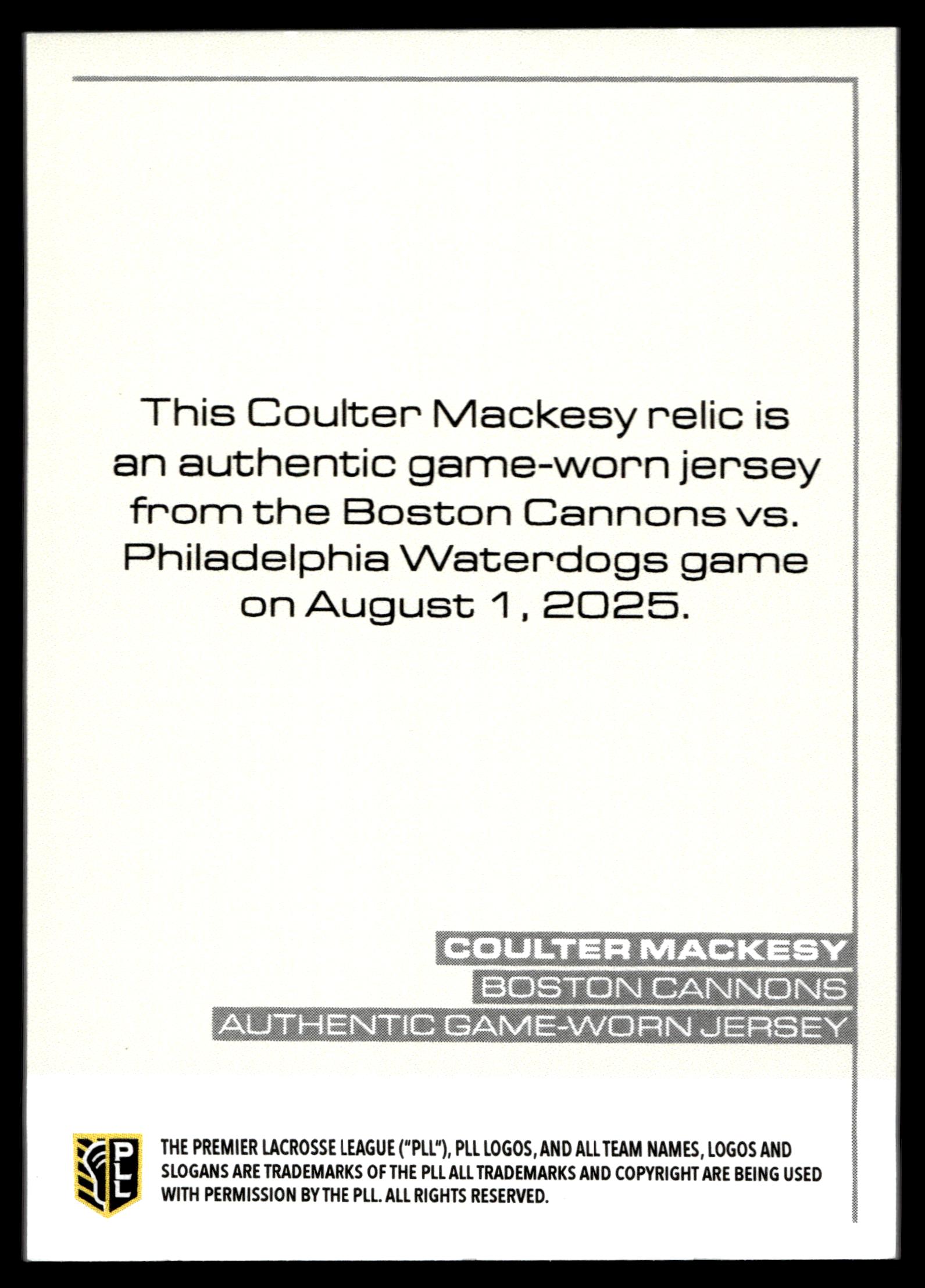 Coulter Mackesy 2025 PLL Flagship Boston Cannons Relic