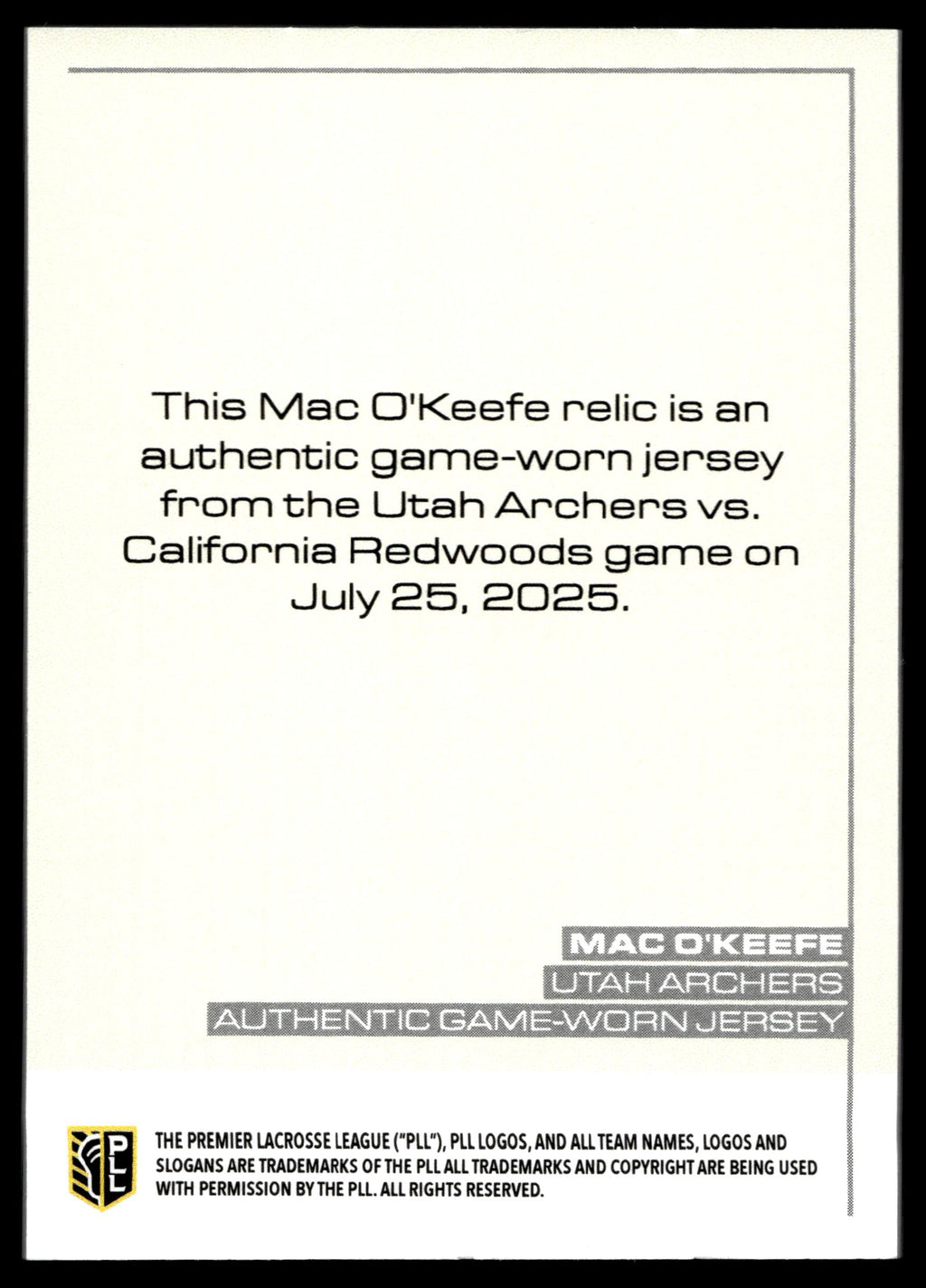 Mac O'Keefe 2025 PLL Flagship Utah Archers Relics