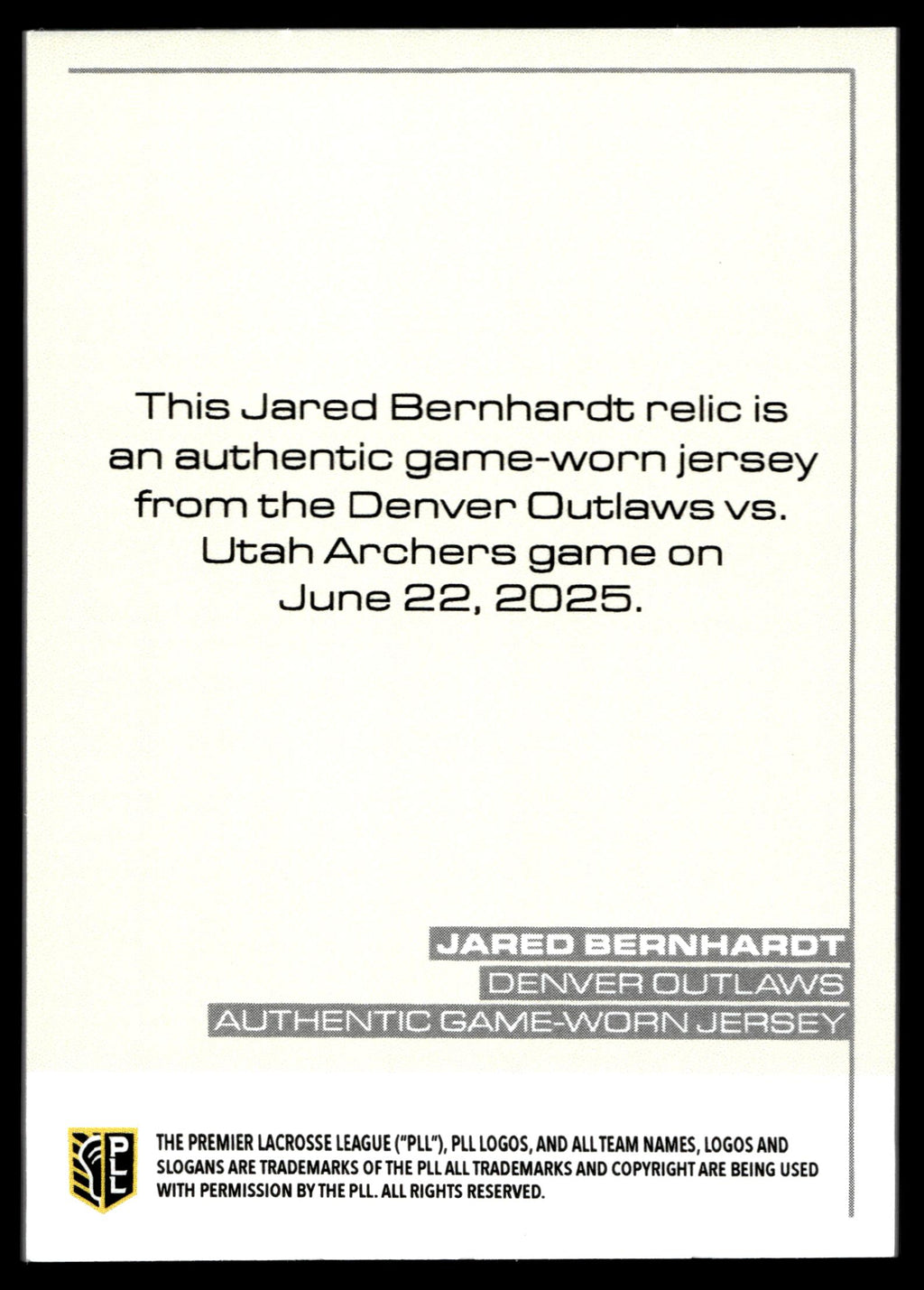 Jared Bernhardt 2025 PLL Flagship Denver Outlaws Relics