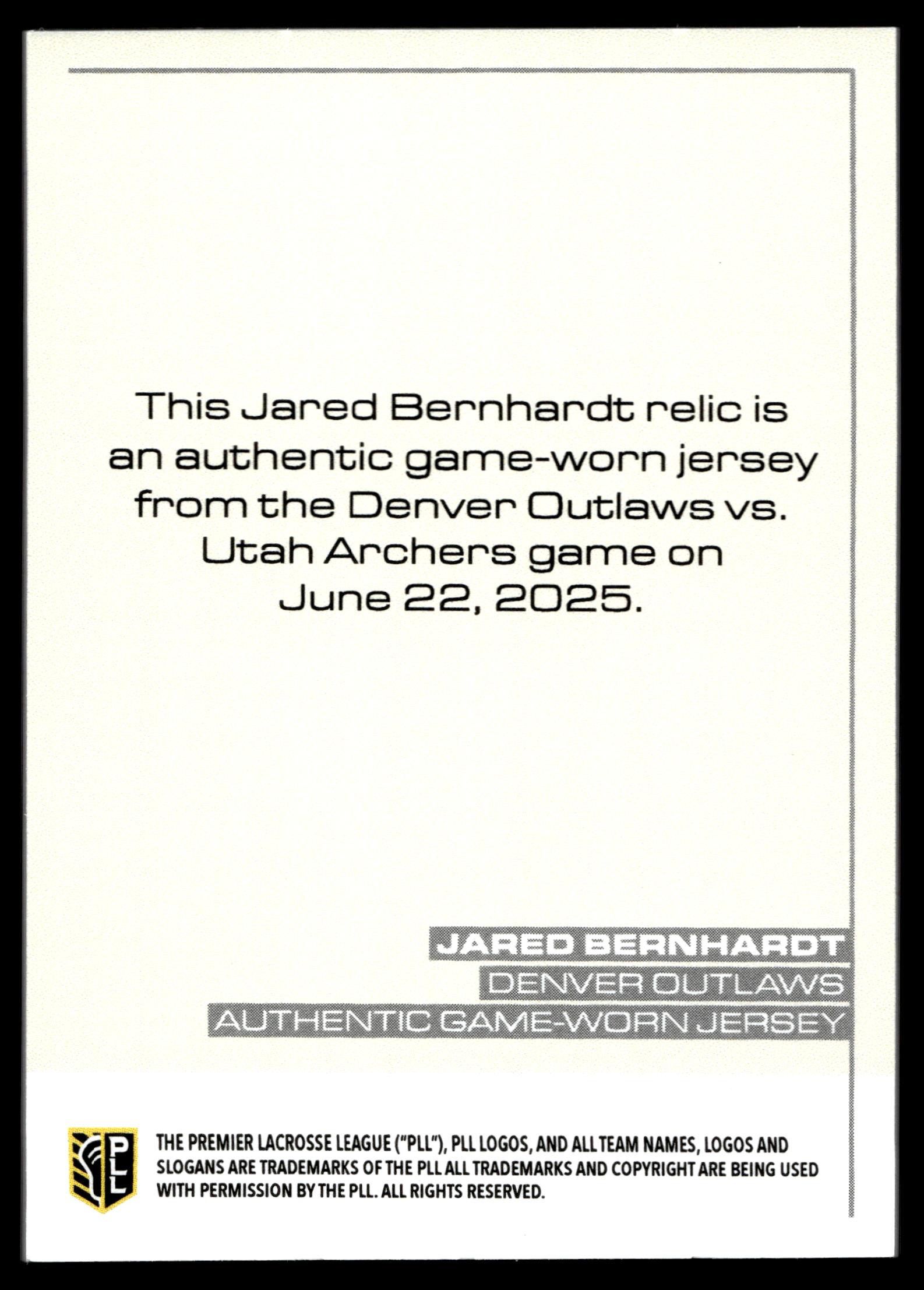 Jared Bernhardt 2025 PLL Flagship Denver Outlaws Relics